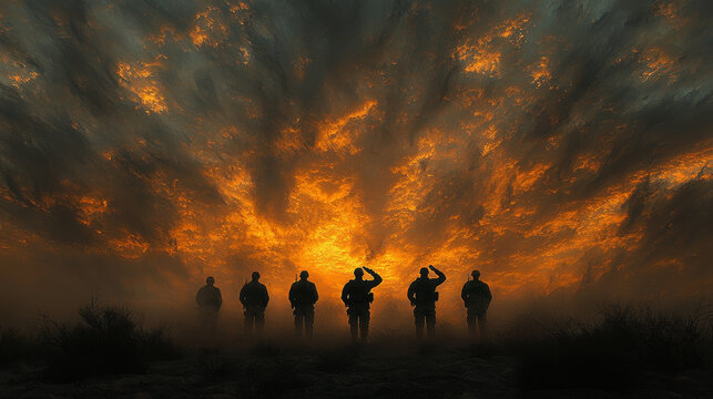 Silhouettes of soldiers stand in salute against a fiery sunset.