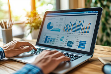 Professionelle Arbeit am Laptop mit Diagrammen Grafiken Finanzanalysen, Strukturiertes Arbeiten zuhause in der Datenanalyse und Projektmanagement, Organisiertes und modernes Arbeiten