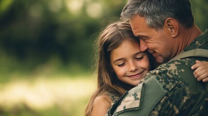 Fototapeta premium Tender Embrace Between Armed Forces Father and Young Daughter in Nature