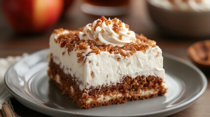 Carrot Cake Slice with Cream Cheese Frosting on Wooden Table