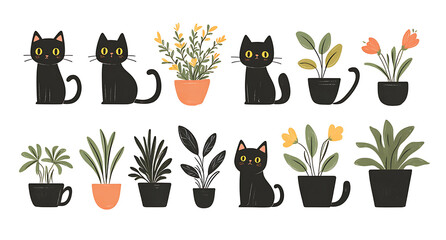 Cute cats in pots, plants, and flowers isolated on a white background