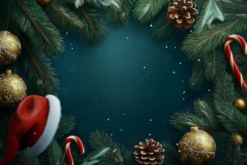 Christmas tree decorations concept. Top view vertical photo of gold and pink bubbles pinecone ornaments fir branch in hoarfrost and shiny confetti on isolated background with empty space