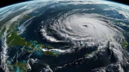 A realistic satellite animation reveals the rotation of a vast hurricane storm from above. Generative AI Video