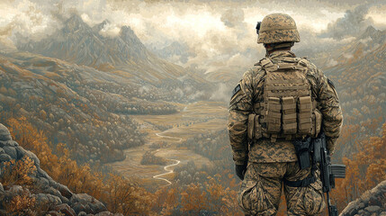 A soldier stands on a hilltop, gazing at a valley below.
