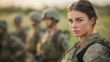 Fototapeta premium Confident Female Soldier with Troop in Background. Veterans Day