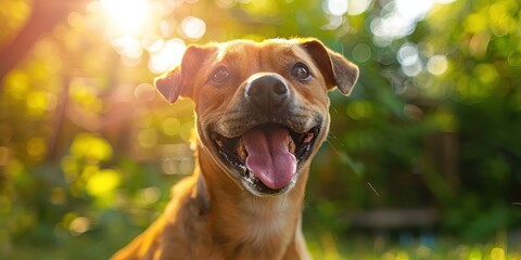 Joyful Dog Chasing Rainbow - Playful Pet with Colorful Sky Background for Copy Space