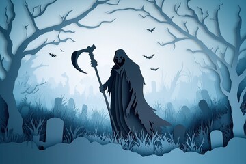 Grim Reaper Silhouette in Misty Graveyard with Scythe, Paper Cutting Halloween Banner Design