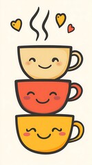 Three Cute Cartoon Coffee Cups Stacked Together with Hearts and Steam.