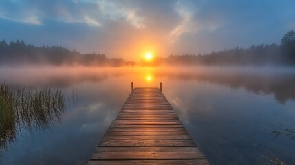 Fototapeta premium A sunrise over a misty lake with a wooden dock extending into the water