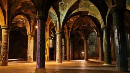 Fototapeta premium Illuminated Ancient Arches in a Historic Interior at Nighttime