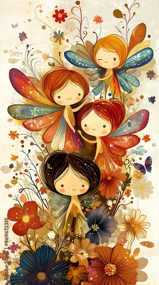 Poster Four Cute Fairy Friends With Colorful Wings and Flowers