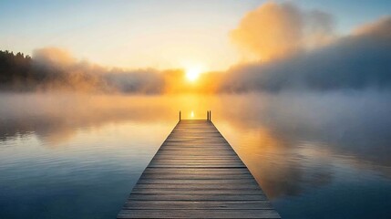 Obraz premium A sunrise over a misty lake with a wooden dock extending into the water