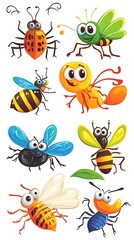 Set of cartoon insects with big eyes and funny faces.