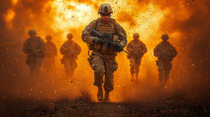 Fototapeta premium Soldiers running through a smoky battlefield.