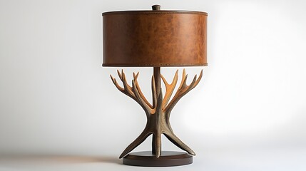 Rustic antler table lamp with a leather shade standing on a white background  This natural handcrafted lighting piece evokes a cozy cabin inspired ambiance perfect for modern minimalist