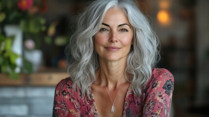 Naklejka premium A middle-aged influencer embraces her silver hair and radiant style. Become a role model for embracing natural beauty.