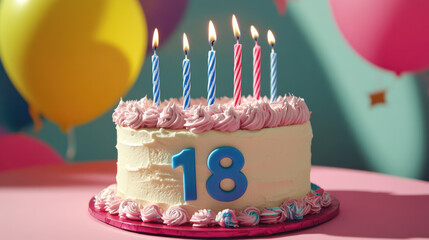 Vibrant 18th Birthday Celebration with Pink Frosted Cake and Balloons
