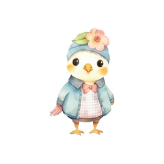 Watercolor cute pullet wearing cute clothes vector illustration, white background