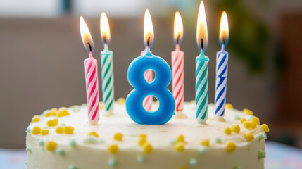 Celebratory Vanilla Cake with Number 8 Candle and Blue Decorations