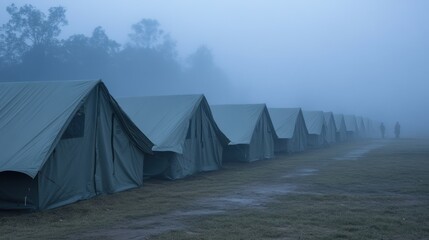 Misty Morning at Military Camp with Tents and Soldiers