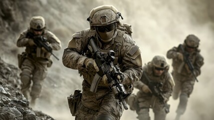 Obraz premium Elite Military Squad Advancing Through Rough Terrain