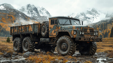 A green military truck drives through a muddy mountain pass.