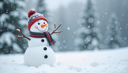 Cheerful Snowman with Red Hat Celebrating Christmas in Snowy Winter Forest