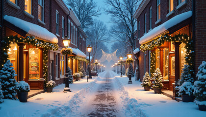 Obraz premium Charming Christmas Street with Snowy Scenery and Warm Glowing Lights Against Winter Evening Sky