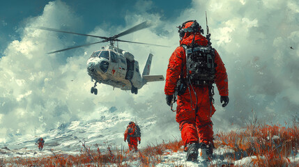 A group of people in red suits walk towards a helicopter in a snowy landscape.