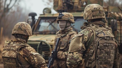 Obraz premium Soldiers in Camouflage Gear Preparing for Military Operation