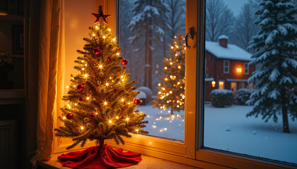 Cozy Christmas Tree with Warm Glow Illuminates Snowy Winter Scene through Window