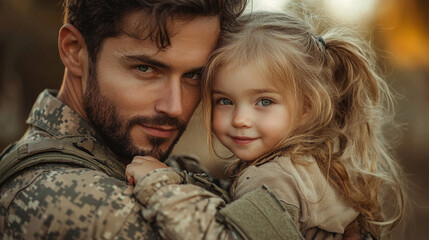 A young girl smiles up at her father in military uniform.