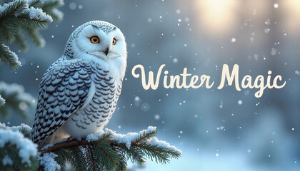 Majestic Snowy Owl with Serene Gaze Perched on Christmas Pine Branch against Wintry Snowfall Background with Copy Space