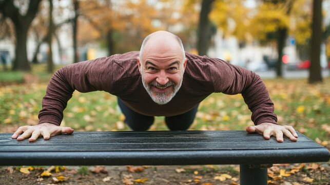 A man is doing a push up on a bench in a park