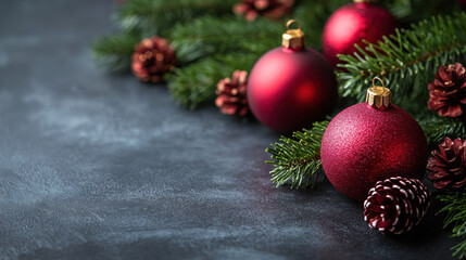 Red Christmas Ornaments and Pinecones on Dark Background, Christmas Background