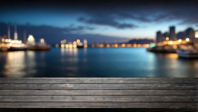 The empty black wooden table top with blur background of Harbor. For product display