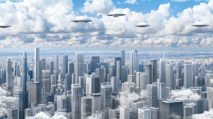 The alien city, with its silver and blue tones, hovers above the clouds as flying saucers glide around it, creating a stunning visual in a dramatic atmosphere