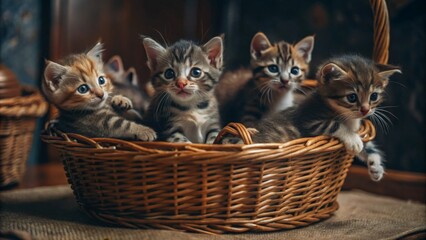 Playful Kittens in a Basket A group of tiny kittens tumbling over each other in a wicker basket, their big eyes wide with curiosity and paws batting at each other.