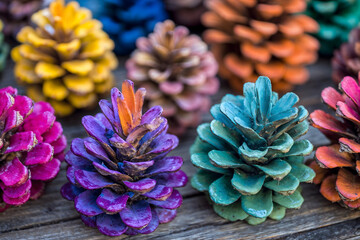 Fototapeta premium Colorful painted pinecones on wooden surface