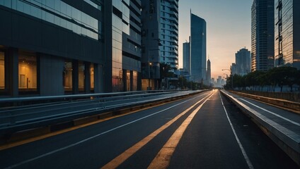 Empty urban road through a sleek cityscape at morning light.