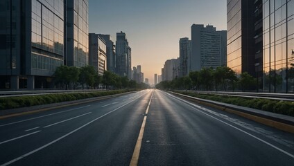 Empty urban road through a sleek cityscape at morning light.