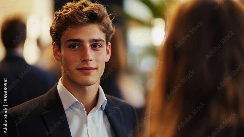 Aufkleber detailed shot of a young businessman at a networking event, engaging in conversation and exchanging 