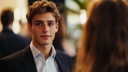 Obraz premium Detailed shot of a young businessman at a networking event, engaging in conversation and exchanging business cards, reflecting a dynamic professional interaction.