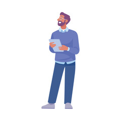 Bearded Man Entrepreneur Character Standing with Tablet Vector Illustration