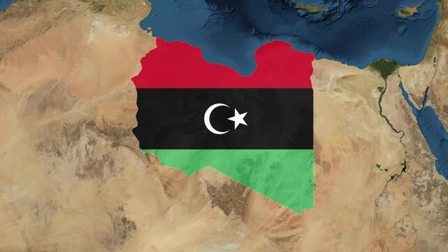 Zoom from Earth to Libya. (Country Flag) World map animation with highlighted borders of countries. Images from NASA