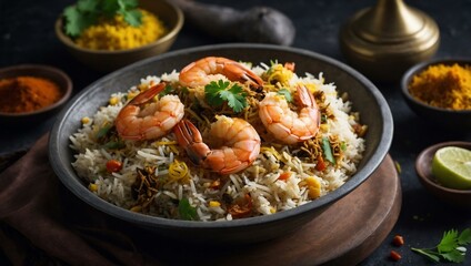 Flavorful prawn biryani with rich spices and rice.