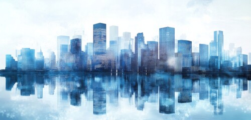 Fototapeta premium Digital Illustration of Urban Skyline with Skyscrapers and Buildings Reflecting in Water. Represents City Development and Modern Architecture.