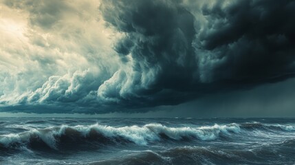 Detailed shot of storm clouds rolling in over a coastal area, with choppy waves and darkening skies, capturing the impending summer storm at sea.