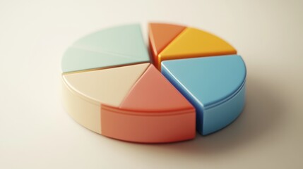 Fototapeta premium Detailed view of a 3D pie chart with segment labels and percentage values, set against a neutral backdrop to highlight the chart's design and data accuracy.