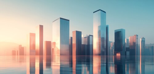 Digital Illustration of Urban Skyline with Skyscrapers and Buildings Reflecting in Water. Represents City Development and Modern Architecture.